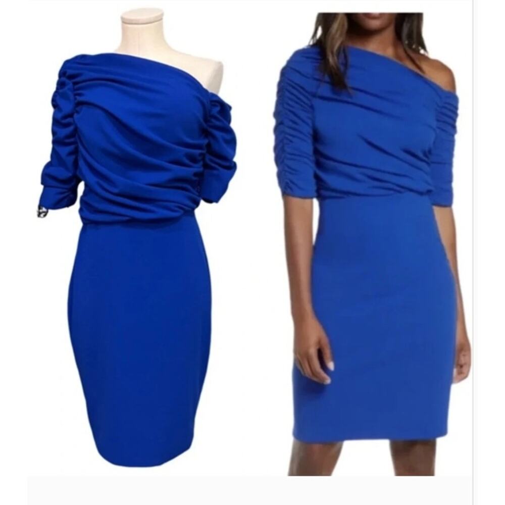 Mark and James Badgley Mischka royal blue cocktail ruched shoulder drape dress 8